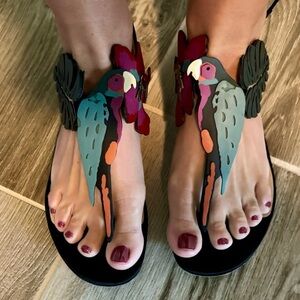 Valentino Garavani Black and Red Sandals with a bird, flower and leaf design EUC